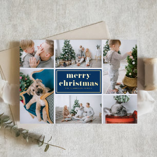 Carte De Vœux En Aluminium Navy Blue Retro Joyeux Noël Photo Collage