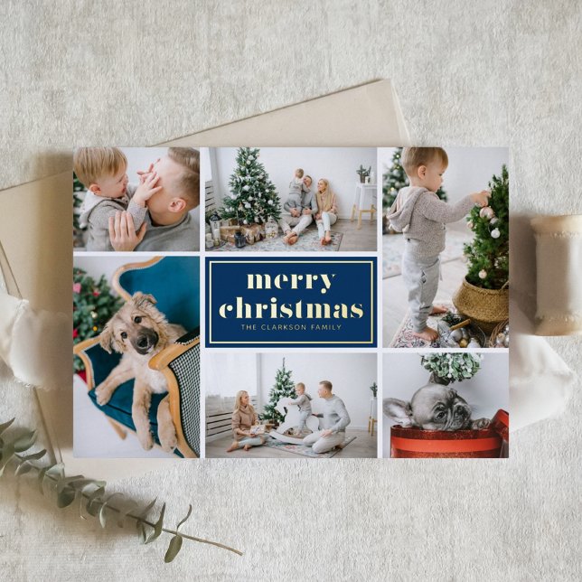Carte De Vœux En Aluminium Navy Blue Retro Joyeux Noël Photo Collage (Créateur téléchargé)