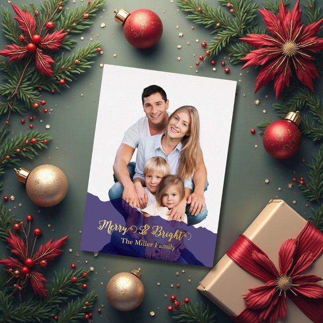 Carte De Vœux En Aluminium navy Merry & Bright Christmas family Photo gold (Créateur téléchargé)