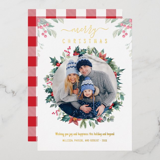Carte De Vœux En Aluminium Noël Famille Photo Plaid Gold (Recto/Verso)