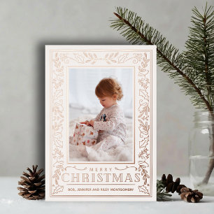 Carte De Vœux En Aluminium Noël Photo Rose Gold avec Feuillage Élégant