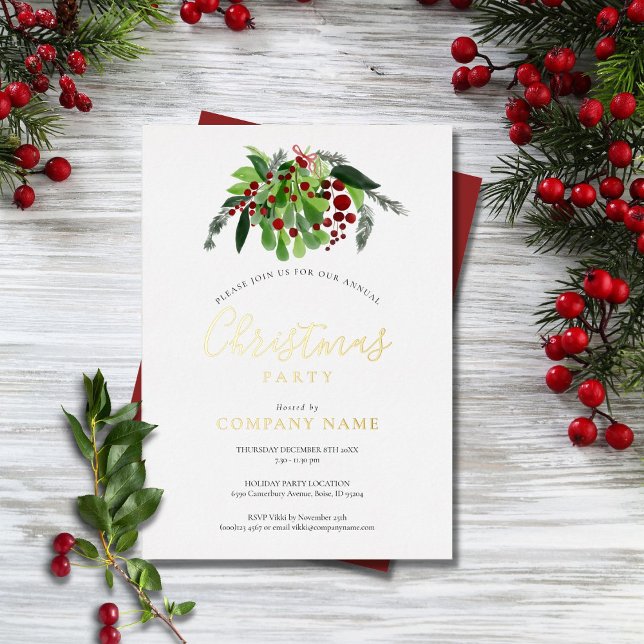 Carte De Vœux En Aluminium Noël Red Berries Business Party Gold (Créateur téléchargé)