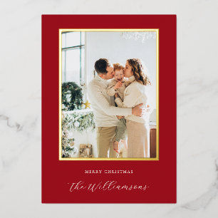 Carte De Vœux En Aluminium Nom de script de fond rouge festif Photo de Noël