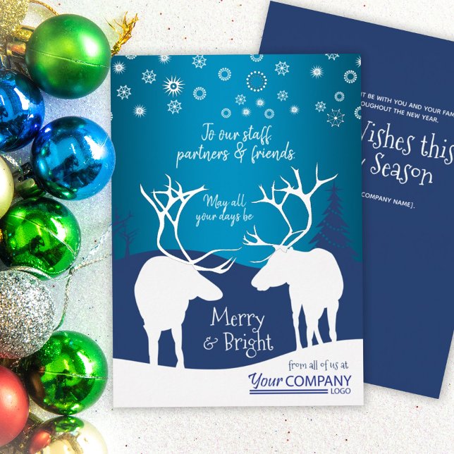 Carte De Vœux En Aluminium Nostalgique Bleu, Rindeer Blanc, Logo de l'entrepr (teal indigo royal navy blue rustic reindeer antlers snow company holiday Christmas greeting card)