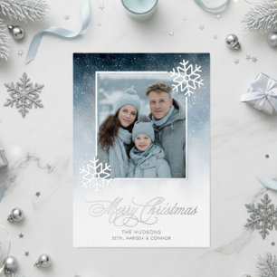 Carte De Vœux En Aluminium Nuit neigeuse Bleue Pile Joyeux Noël