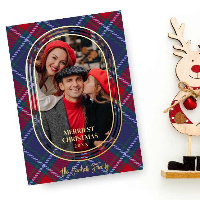 Carte De Vœux En Aluminium Oval bleu rouge Noël Tartan Foto Famille (Créateur téléchargé)