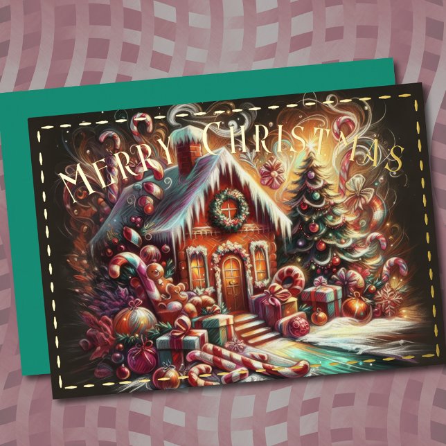 Carte De Vœux En Aluminium Pastel Dessin Noël Maison en pain d'épices (Créateur téléchargé)