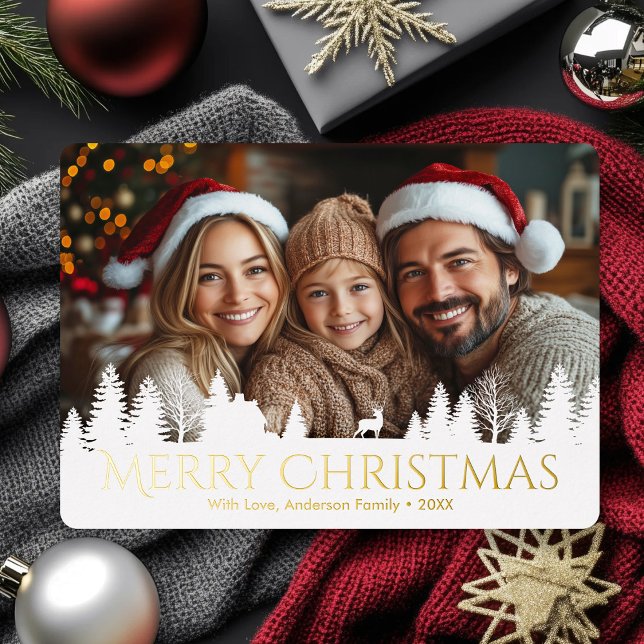 Carte De Vœux En Aluminium Paysage d'hiver de Noël Photo de famille (Christmas Winter Landscape Family Photo Foil Holiday Card)