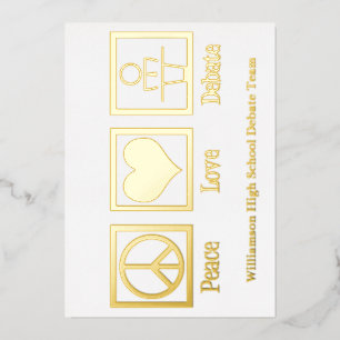 Carte De Vœux En Aluminium Peace Love Debate Team Custom School Gold