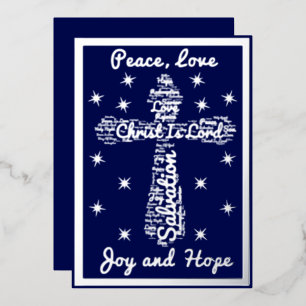 Carte De Vœux En Aluminium Peace Love Joy Hope Cross Navy Blue and Silver