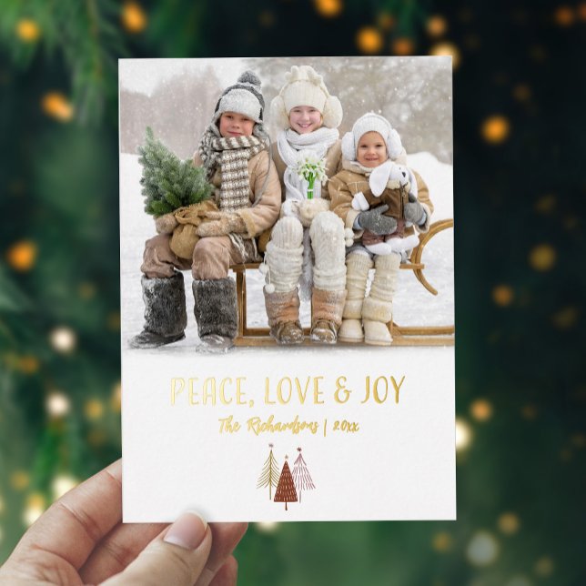 Carte De Vœux En Aluminium Peace Love Joy Photo Personnalisée Elegant Gold (Peace Love Joy Photo Personalized Elegant Gold Foil Holiday Card)