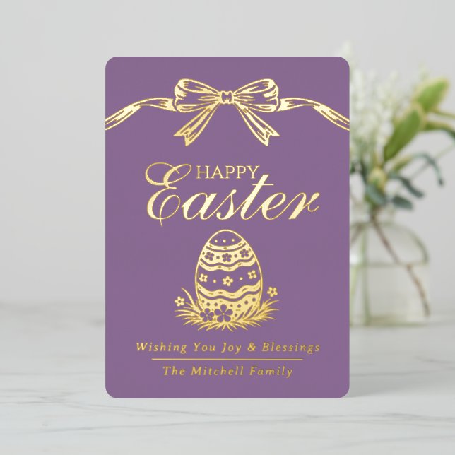 Carte De Vœux En Aluminium Personalized Spring Easter Egg Gold Bow (Debout devant)