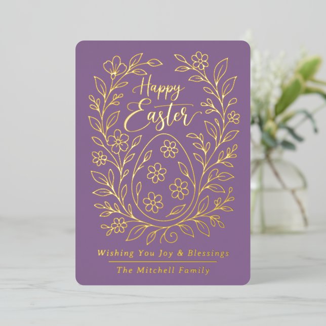 Carte De Vœux En Aluminium Personalized Spring Easter Egg Gold Floral (Debout devant)