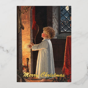 Carte De Vœux En Aluminium Petite fille vintage par cheminée Or de Noël