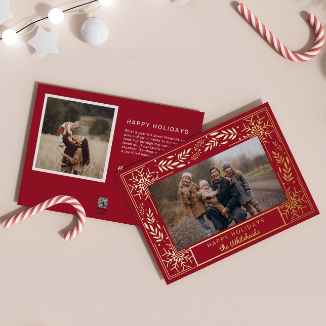 Carte De Vœux En Aluminium Photo Art Déco Neige Joyeux Fêtes (Snowflake art deco berry holly photo holiday card perfect elegant Christmas card.)