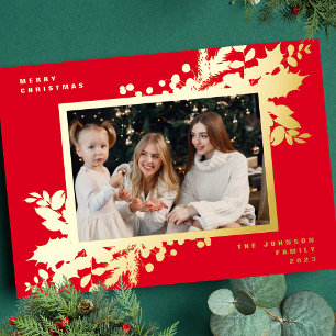 Carte De Vœux En Aluminium Photo botanique de Noël rouge moderne OR Frame