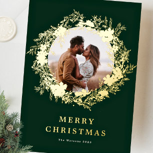 Carte De Vœux En Aluminium photo classique verte MERRY CHRISTMAS GOLD