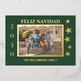 Carte De Vœux En Aluminium Photo de famille verte Feliz Navidad Gold Foil