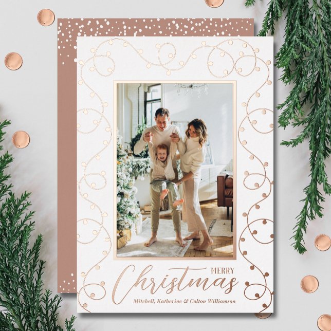Carte De Vœux En Aluminium Photo de Noël (Rose gold foil Christmas lights photo holiday cards)