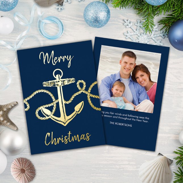Carte De Vœux En Aluminium Photo de Noël Ancre nautique Marine Gold (Créateur téléchargé)