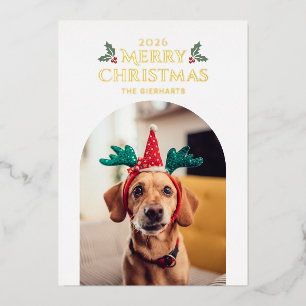 Carte De Vœux En Aluminium Photo de Noël de famille avec feuillage et animal 