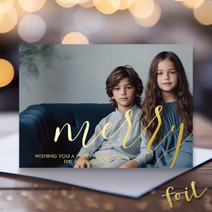 Carte De Vœux En Aluminium Photo de Noël - horizontale avec Gold MERRY