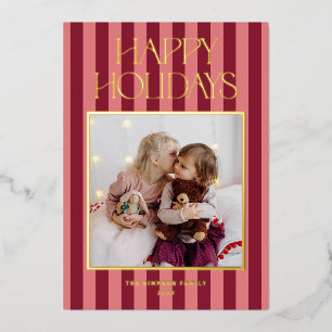 Carte De Vœux En Aluminium Photo de Noël moderne avec rayures roses et bordea