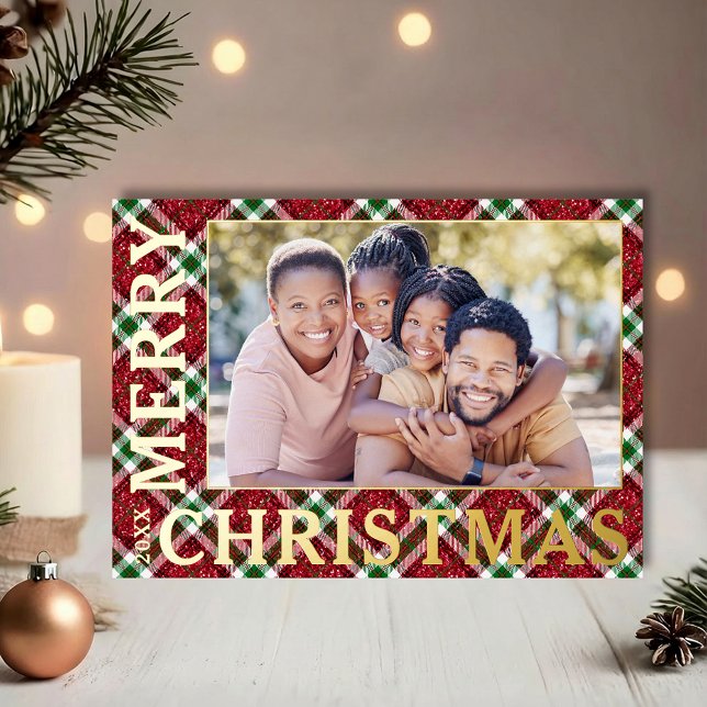 Carte De Vœux En Aluminium Photo de Noël Plaid (REAL GOLD FOIL Merry Christmas on sparkly plaid photo holiday greeting cards)