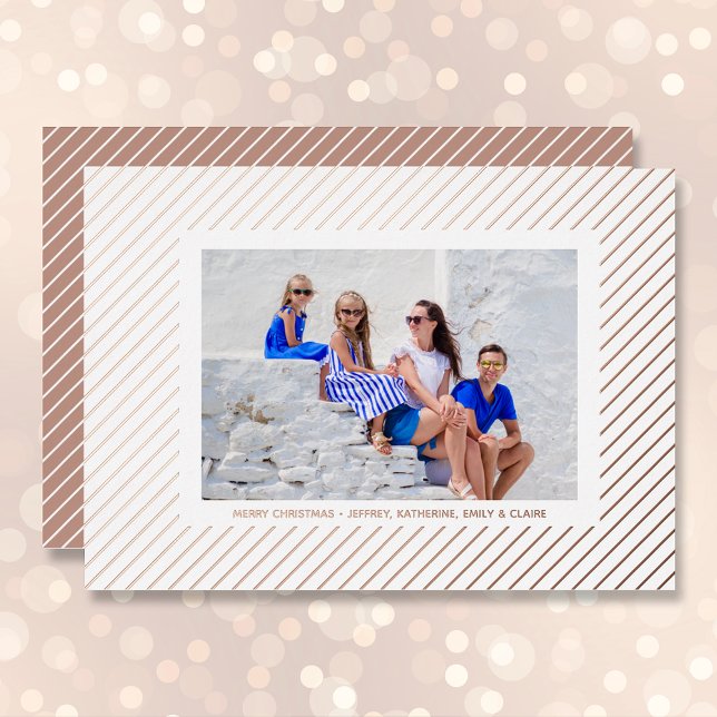 Carte De Vœux En Aluminium Photo de Noël Rose Gold Pinstripe (Créateur téléchargé)