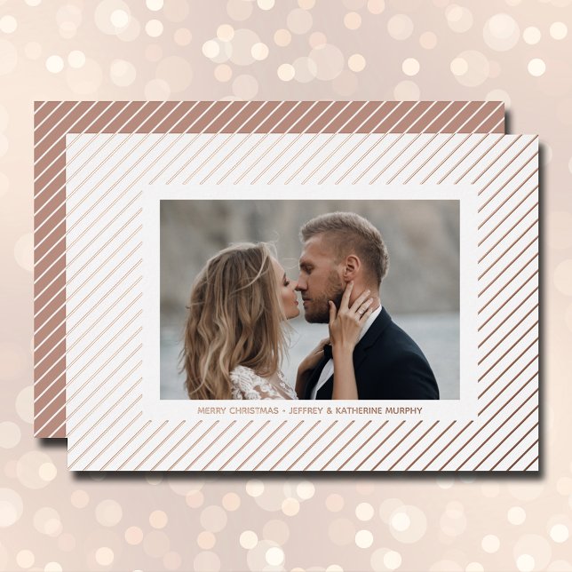 Carte De Vœux En Aluminium Photo de Noël Rose Gold Pinstripe (Créateur téléchargé)