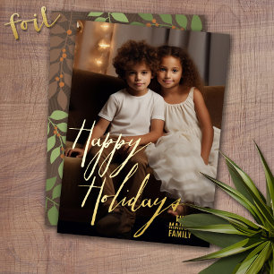 Carte De Vœux En Aluminium Photo de Noël Vertical - avec Gold Happy