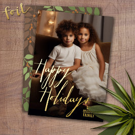 Carte De Vœux En Aluminium Photo de Noël Vertical - avec Gold Happy