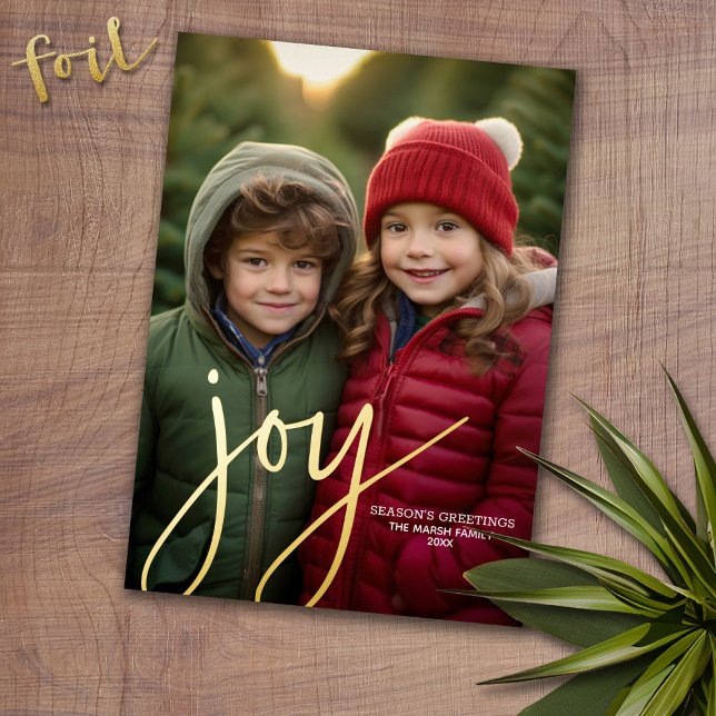 Carte De Vœux En Aluminium Photo de Noël Vertical - Script Gold JOY - (Photo Christmas Card with Gold Foil Accent - Modern Merry Christmas)