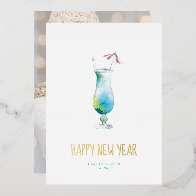 Carte De Vœux En Aluminium Photo Holiday Card Cocktail tropical Aquarelle (Recto/Verso)