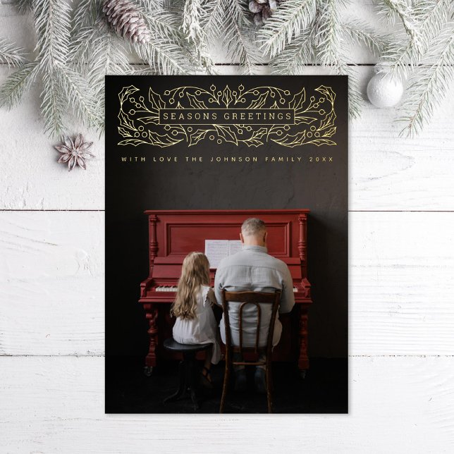 Carte De Vœux En Aluminium Photo Joyeuses Fêtes Holly Feuilles (Créateur téléchargé)