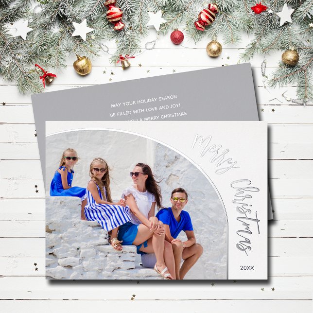Carte De Vœux En Aluminium Photo Joyeux Noël Script (Merry Christmas REAL silver foil holiday photo cards)