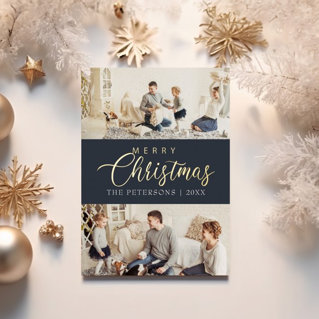 Carte De Vœux En Aluminium Photo moderne Midnight Blue Collage Noël (Modern Midnight Blue Photo Collage Christmas Foil Holiday Card on a table with golden decor.)