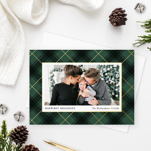 Carte De Vœux En Aluminium Photo Plaid Festive Green et Gold Tartan