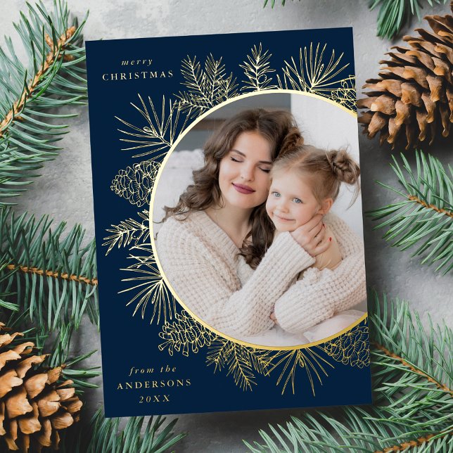 Carte De Vœux En Aluminium Photo Russe Navy et Gold Pinecones (Créateur téléchargé)
