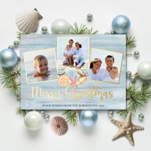 Carte De Vœux En Aluminium Plage Joyeux Noël Bois photo Or côtier