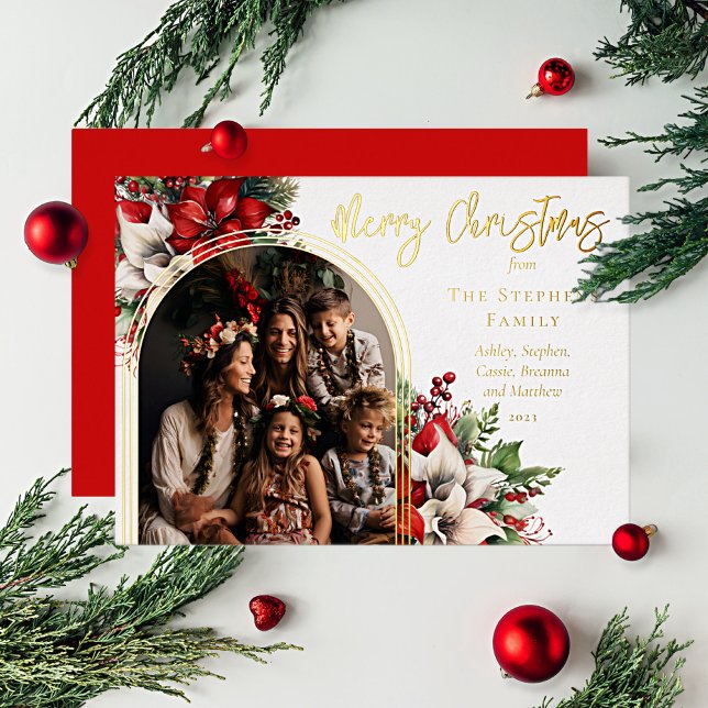 Carte De Vœux En Aluminium Poinsettias et Pine Arched Photo Joyeux Noël (Elegant modern red and white poinsettias, berries and holiday greenery arched photo gold foil design)
