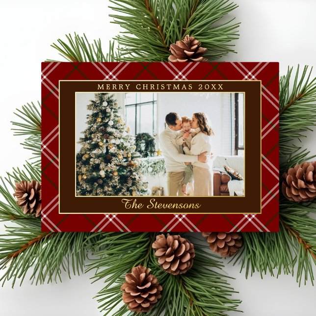 Carte De Vœux En Aluminium Polo Equestrian Red Burgundy Plaid Photo Christmas (Créateur téléchargé)