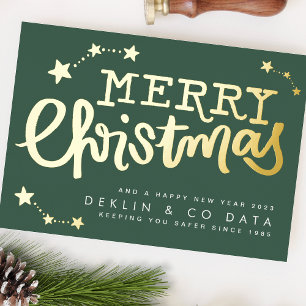 Carte De Vœux En Aluminium Premium Green Gold Stars Merry Christmas Business