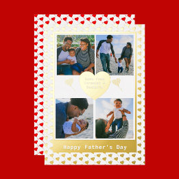 Carte De Vœux En Aluminium Quatre Photo Nom de famille Gold Red Hearts Fête d
