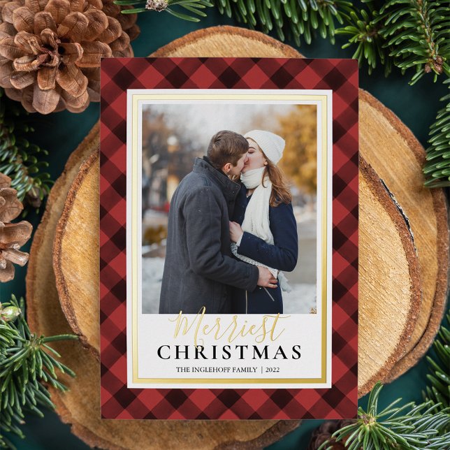 Carte De Vœux En Aluminium Red Buffalo Plaid Merriest Christmas Photo (Créateur téléchargé)
