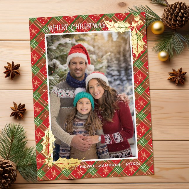 Carte De Vœux En Aluminium Red Christmas Plaid | Joyeuse photo de Noël | (Customizable Christmas photocard with red plaid edge with snowflakes, and gold foil accents of holly)