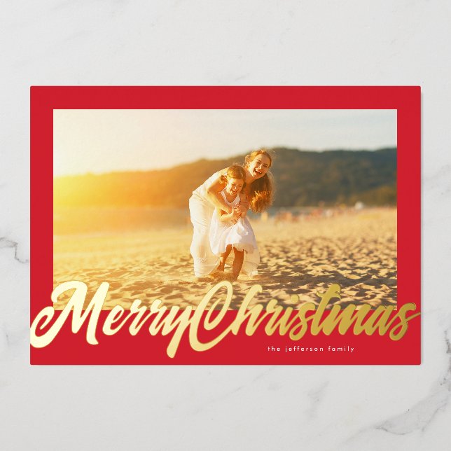 Carte De Vœux En Aluminium Red Frame & Gold Merry Christmas Photo (Devant)