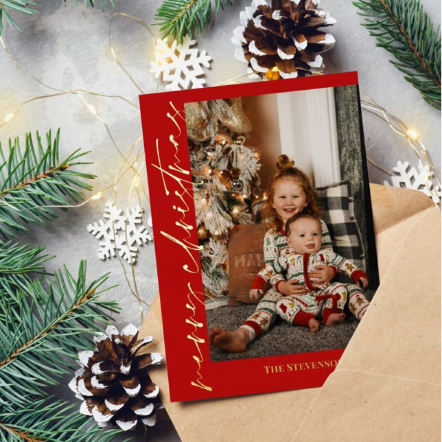 Carte De Vœux En Aluminium Red Gold Calligraphy Photo Joyeux Noël (Créateur téléchargé)