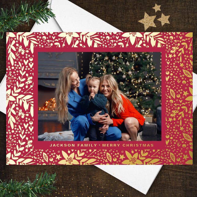 Carte De Vœux En Aluminium RED Magenta GOLD Botanical Christmas Frame Photo (Créateur téléchargé)