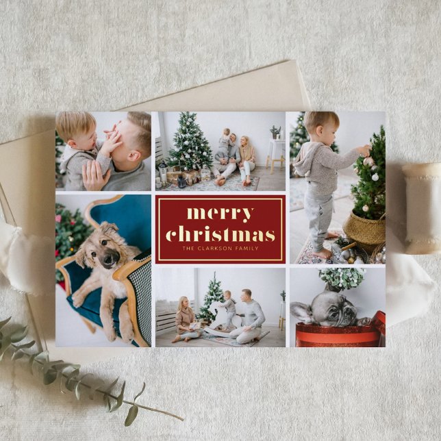 Carte De Vœux En Aluminium Red Retro Joyeux Noël Photo Collage (Créateur téléchargé)